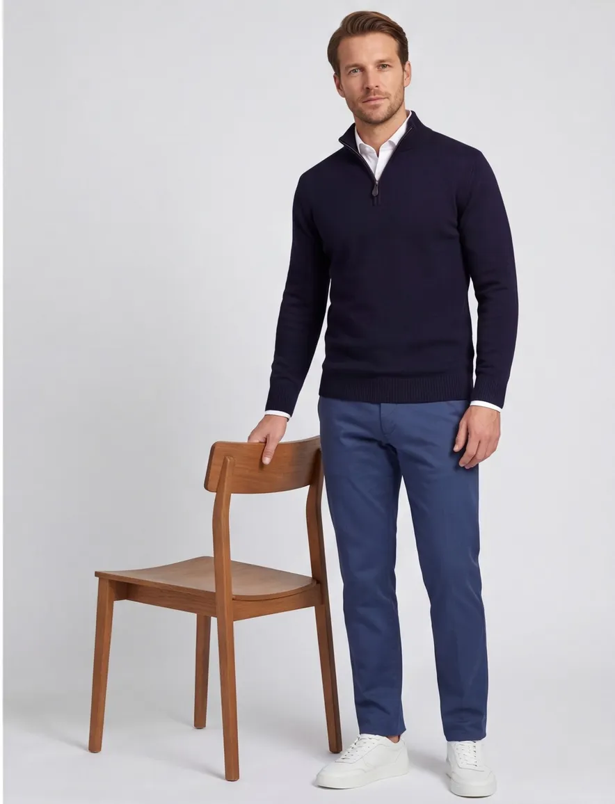 Alan Paine trui half zip effen donkerblauw lamswol
