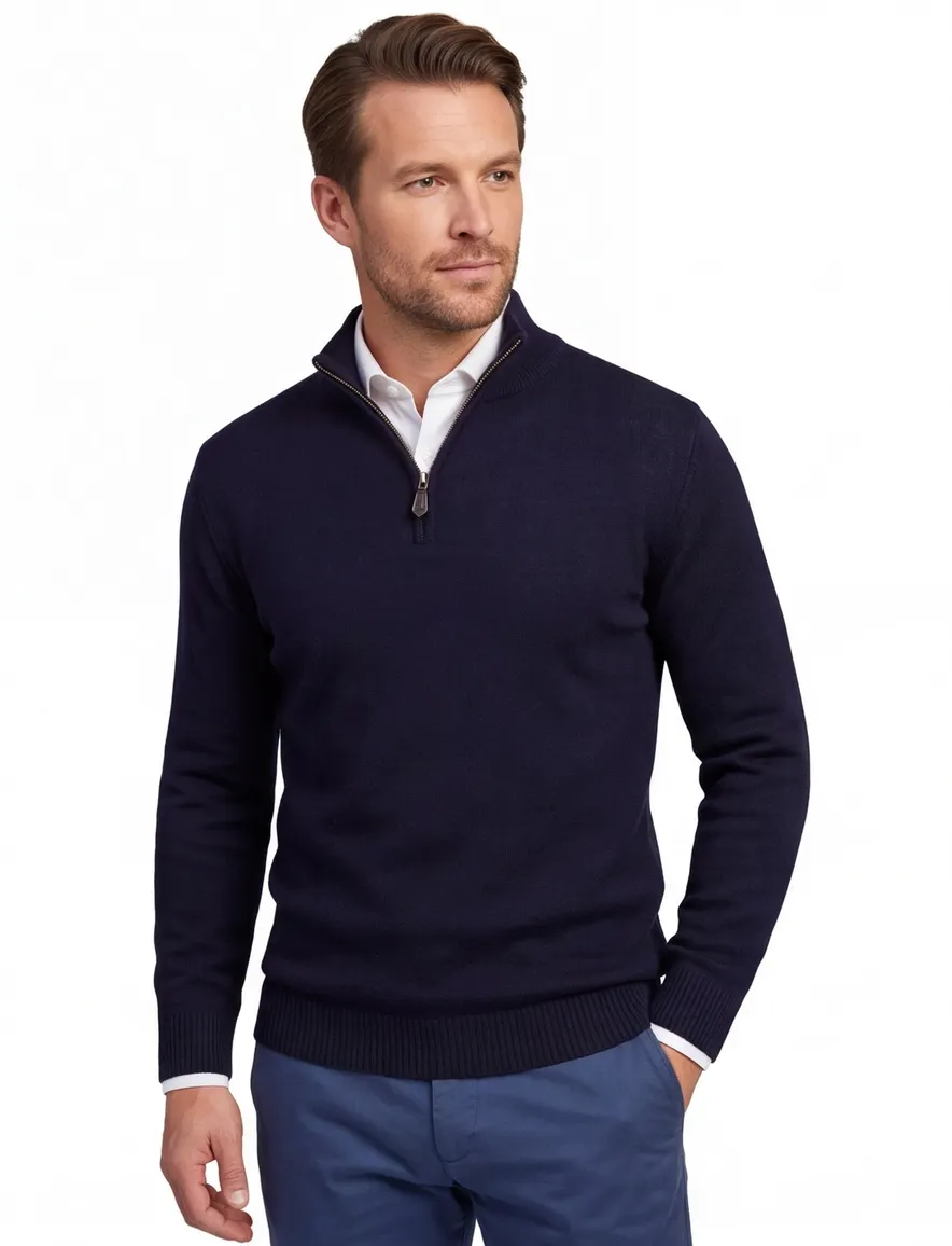 Alan Paine trui half zip effen donkerblauw lamswol