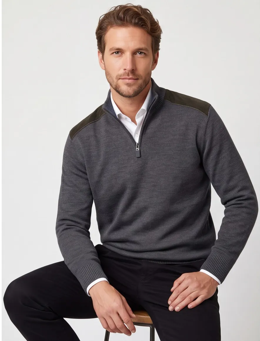 Paul & Shark trui antraciet half zip lamswol