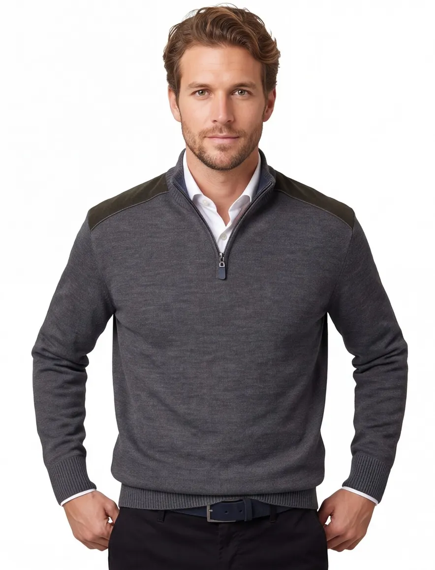 Paul & Shark trui antraciet half zip lamswol