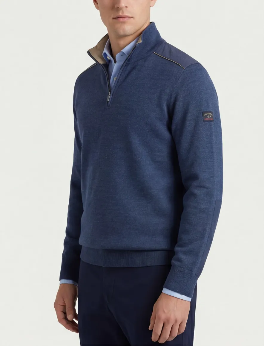 Paul & Shark trui half zip blauw lamswol