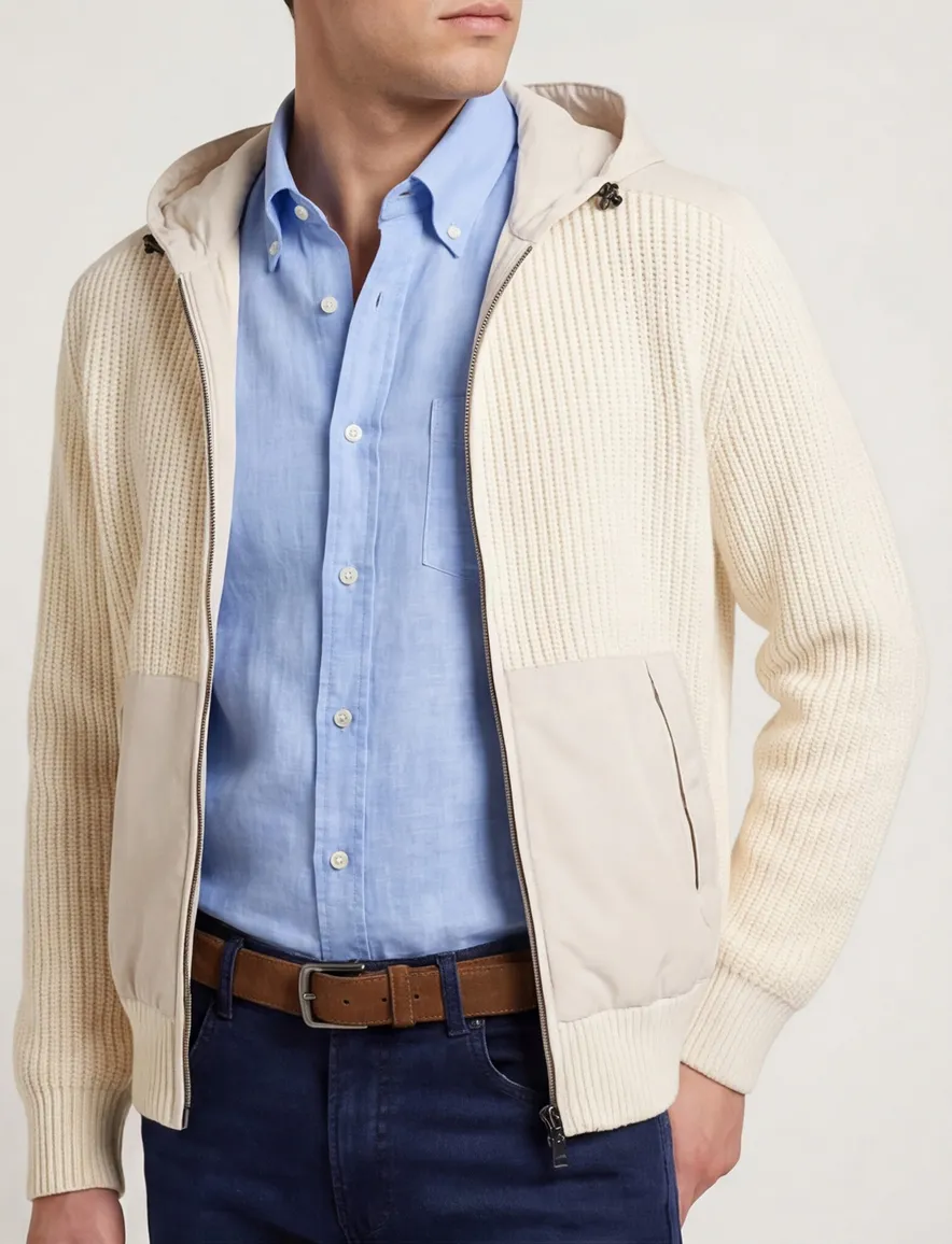Paul & Shark vest beige effen lamswol wijde fit rib