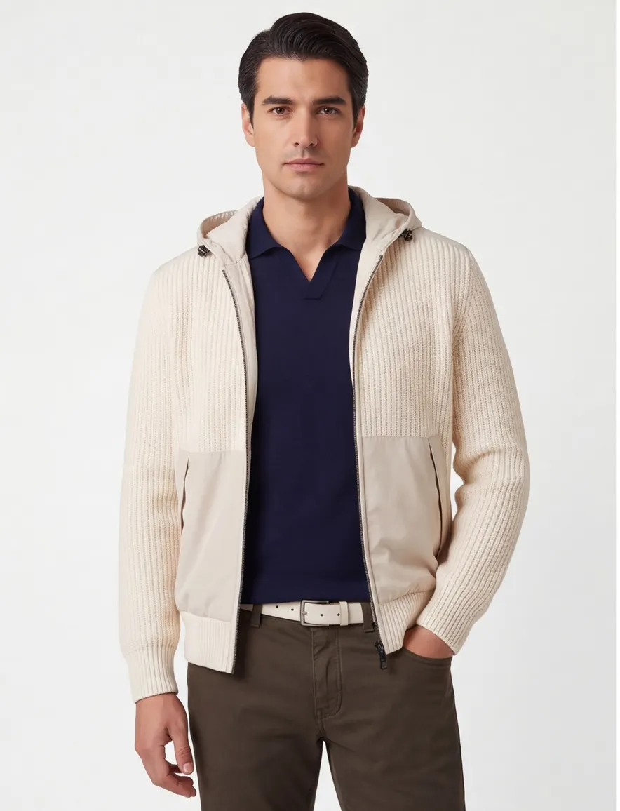 Paul & Shark vest beige effen lamswol wijde fit rib