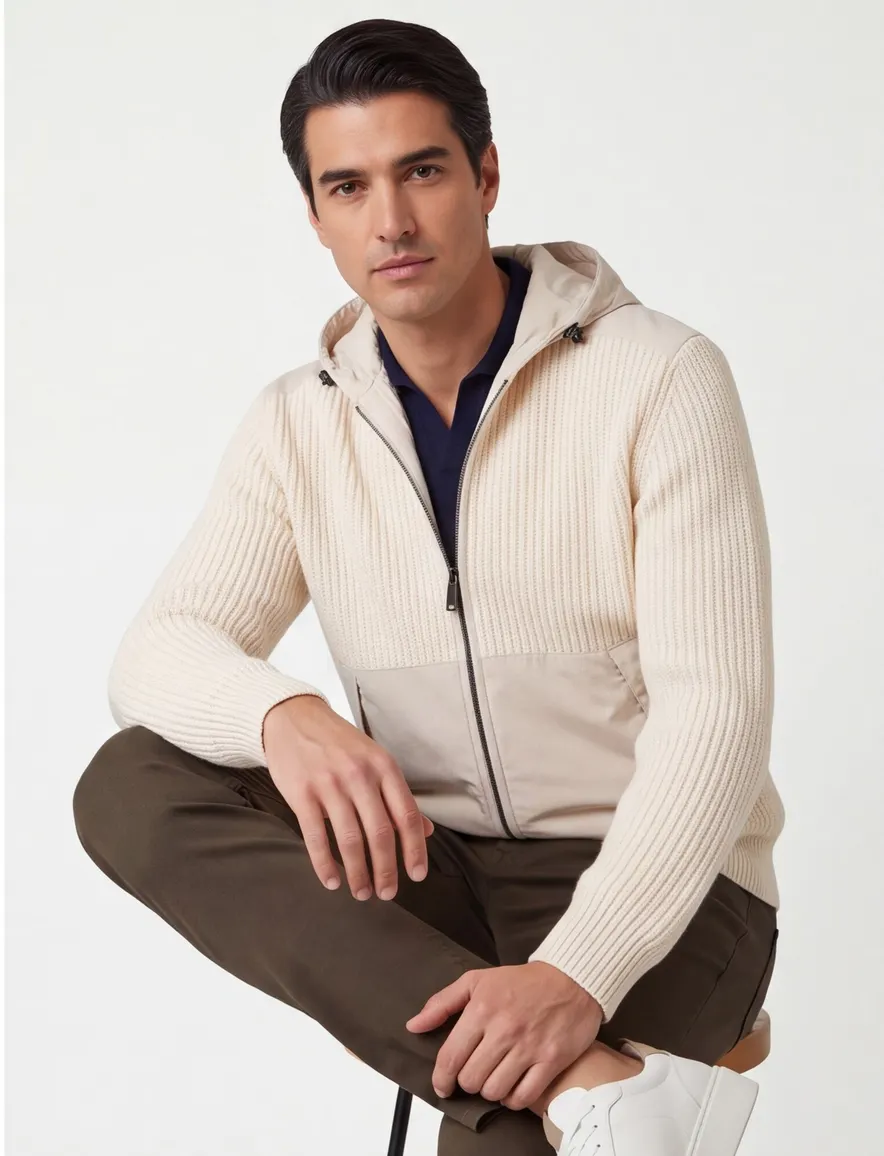 Paul & Shark vest beige effen lamswol wijde fit rib