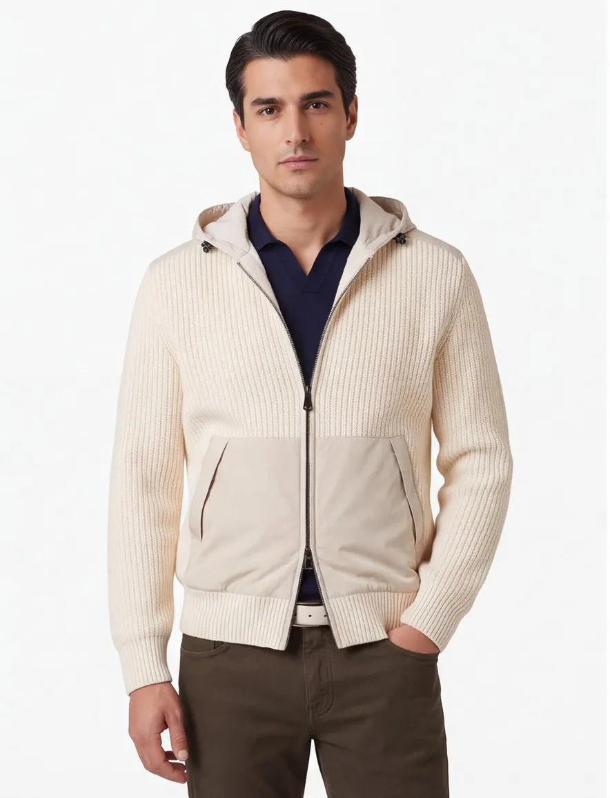 Paul & Shark vest beige effen lamswol wijde fit rib