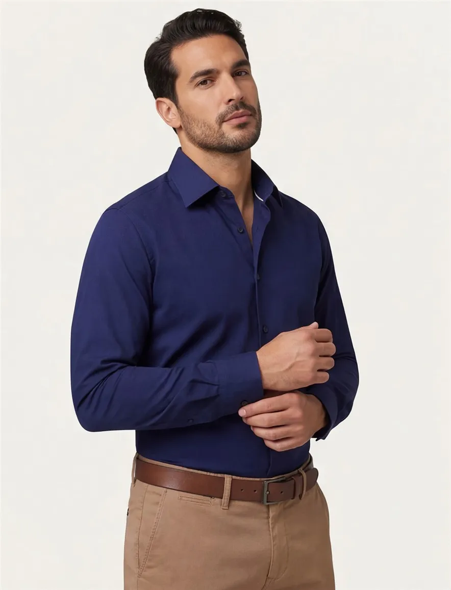 Eterna overhemd donkerblauw strijkvrij effen