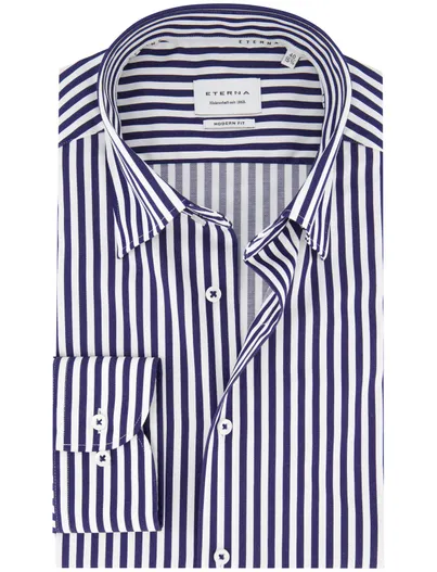 Eterna Eterna overhemd donkerblauw gestreept katoen lange mouw