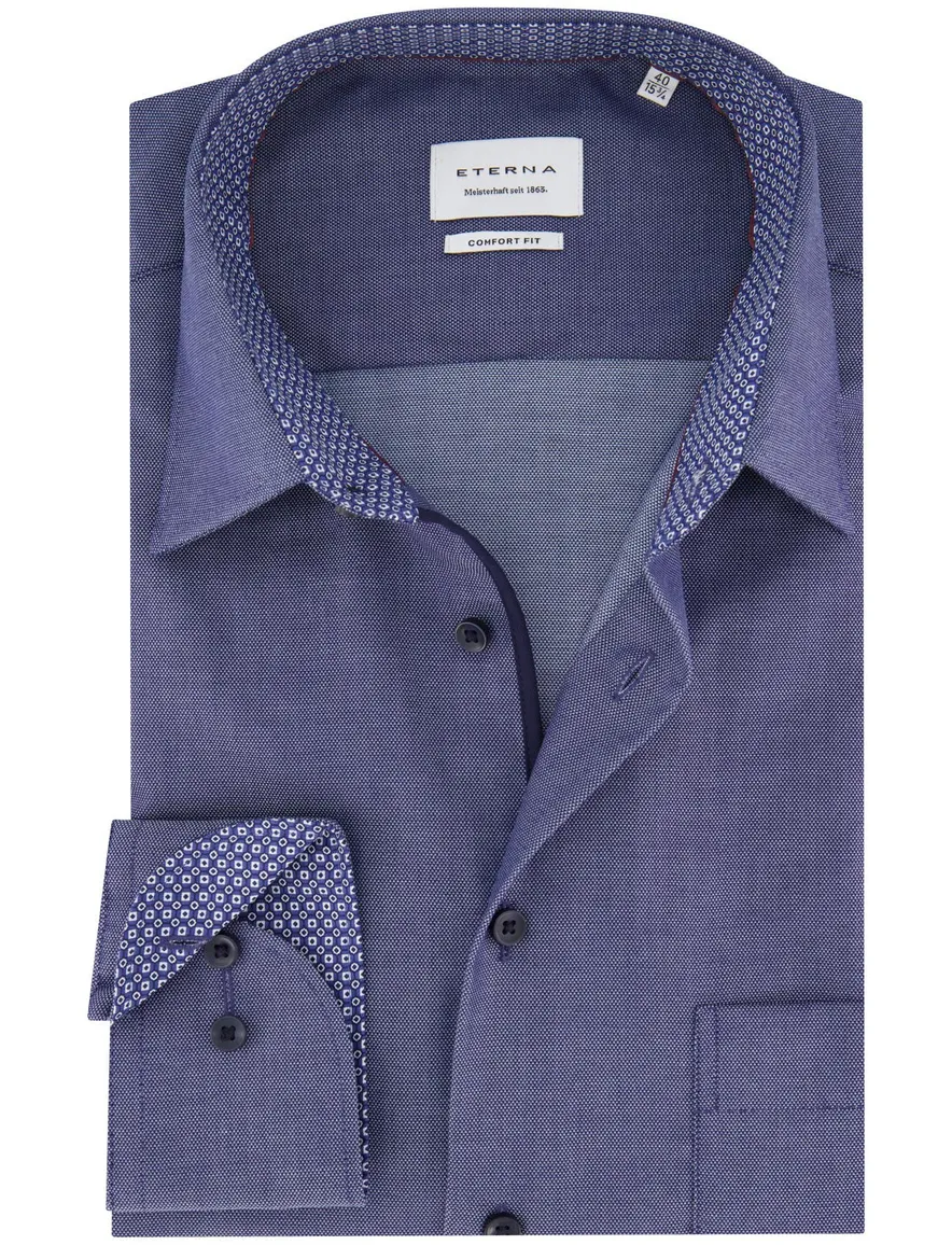 Eterna overhemd blauw comfort fit strijkvrij gemêleerd