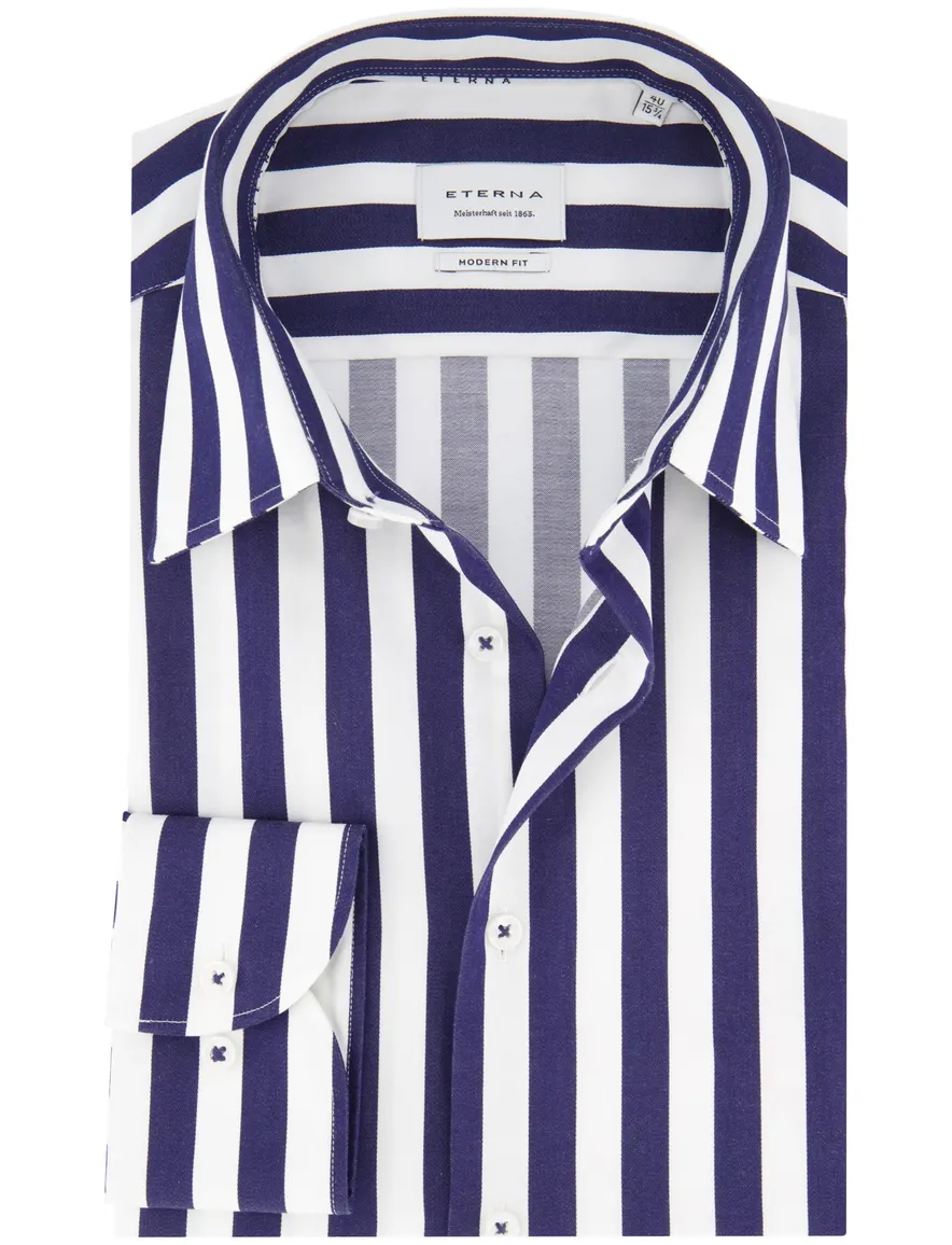 Eterna overhemd donkerblauw gestreept strijkvrij lange mouw