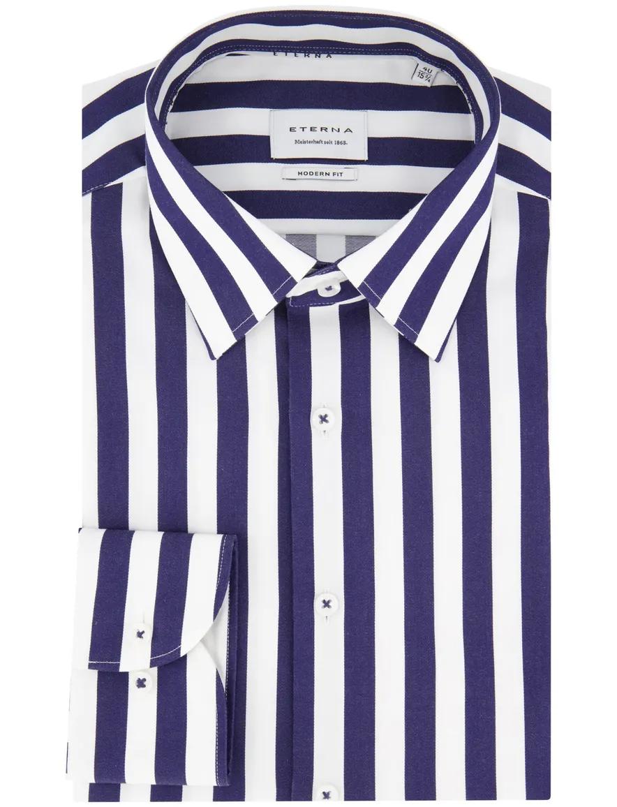 Eterna overhemd donkerblauw gestreept strijkvrij lange mouw