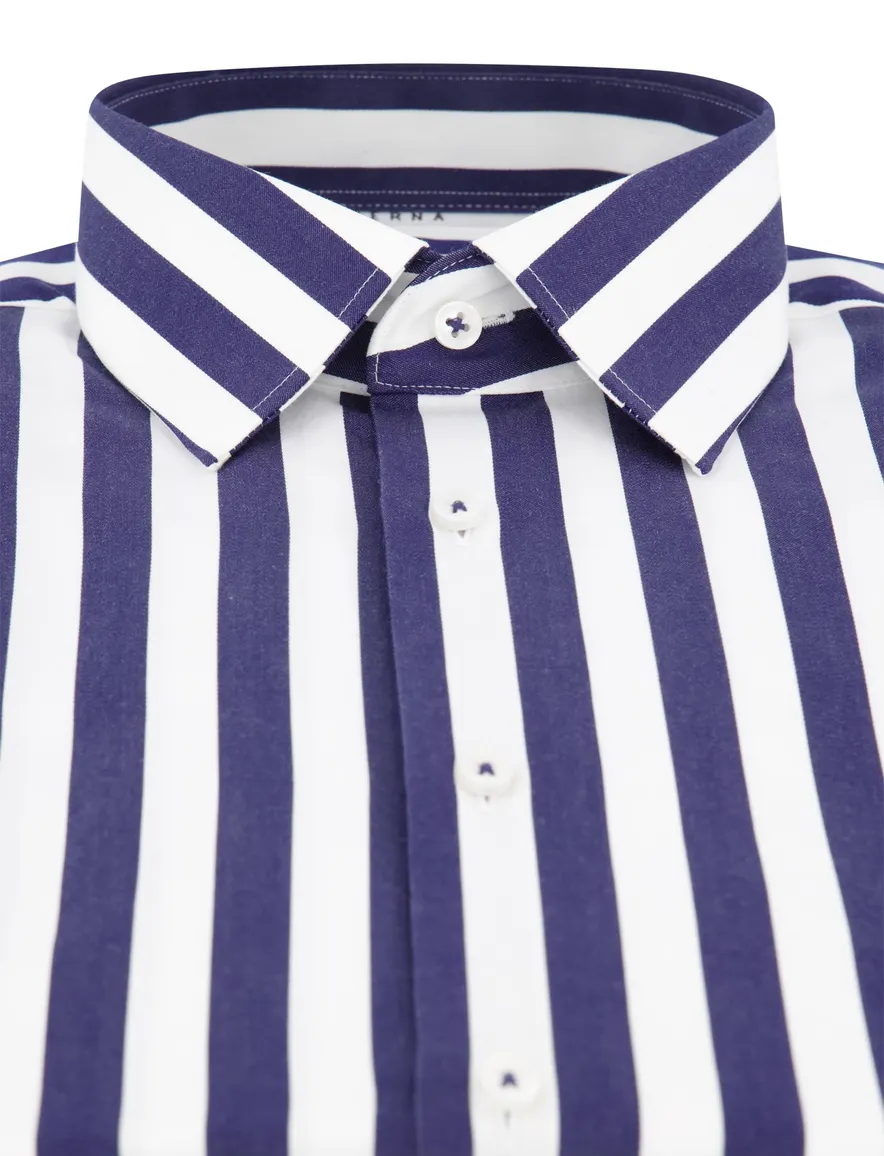 Eterna overhemd donkerblauw gestreept strijkvrij lange mouw