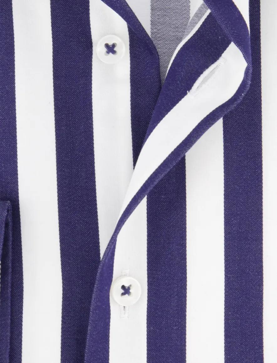 Eterna overhemd donkerblauw gestreept strijkvrij lange mouw