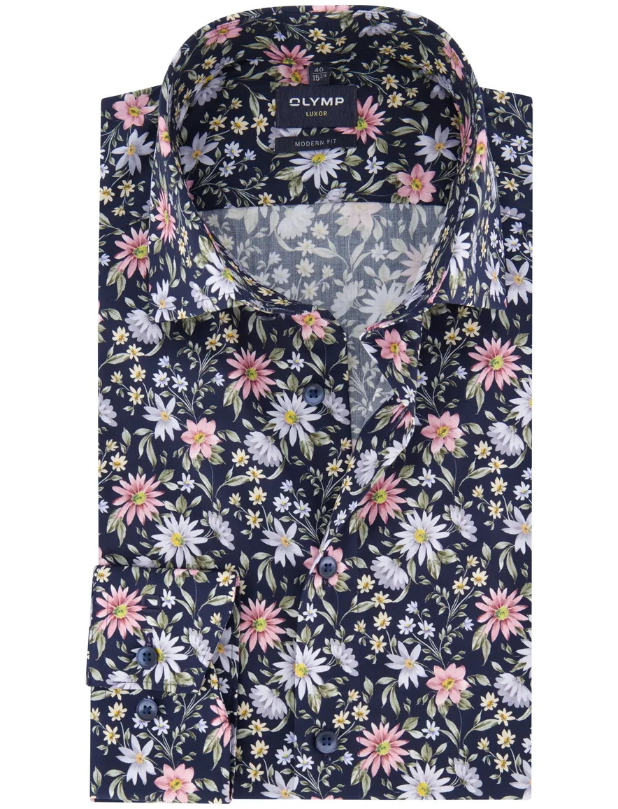 Olymp overhemd donkerblauw bloemen normale fit katoen