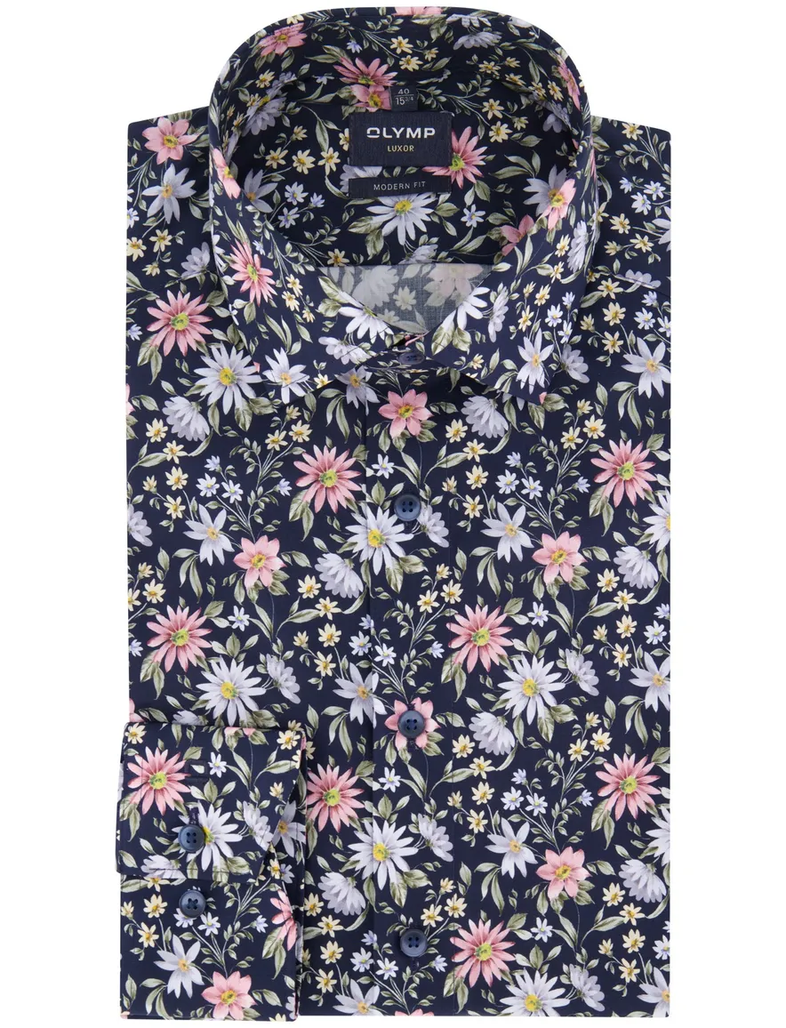 Olymp overhemd donkerblauw bloemen normale fit katoen