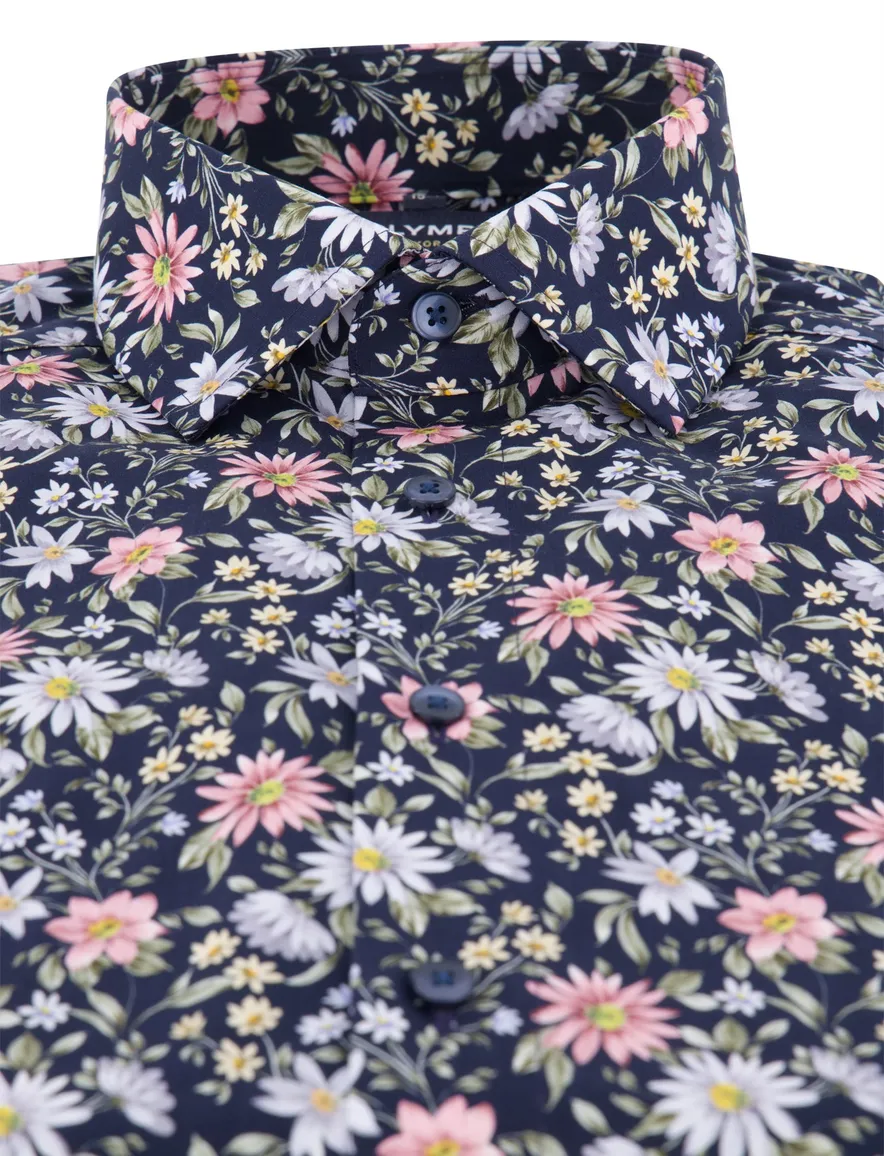 Olymp overhemd donkerblauw bloemen normale fit katoen