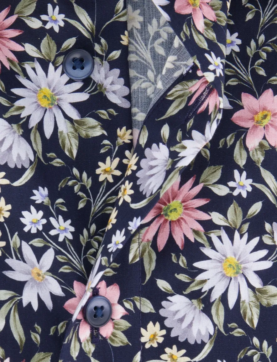Olymp overhemd donkerblauw bloemen normale fit katoen