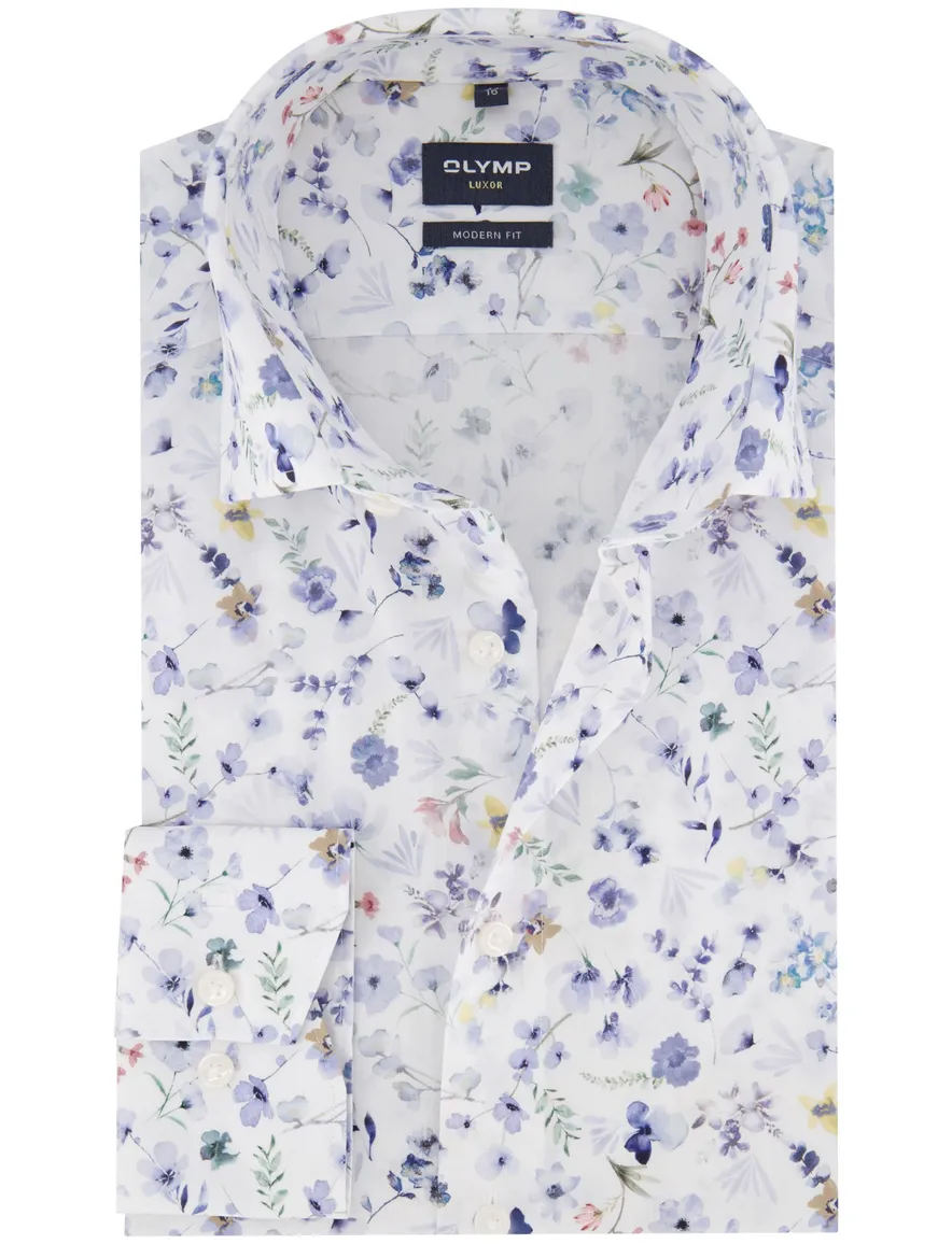 Olymp overhemd wit blauw geprint paar normale fit katoen