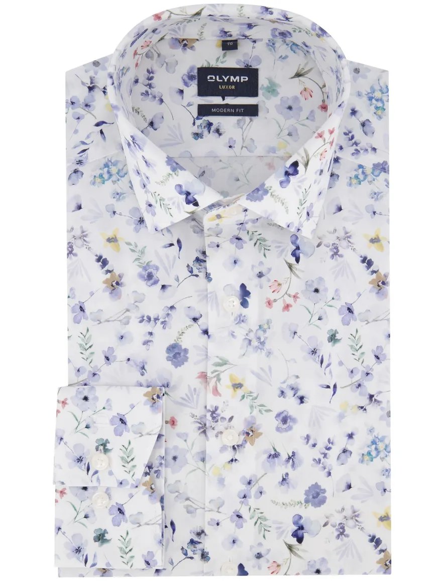 Olymp overhemd wit blauw geprint paar normale fit katoen
