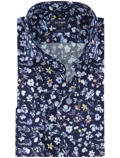 Olymp Olymp overhemd donkerblauw strijkvrij modern fit geprint
