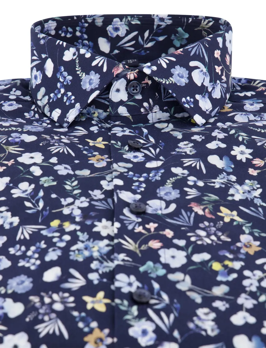 Olymp overhemd donkerblauw strijkvrij modern fit geprint