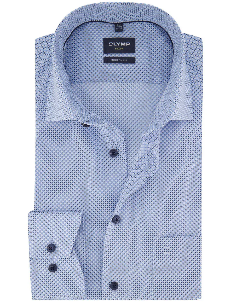 Olymp overhemd blauw modern fit strijkvrij borstzak