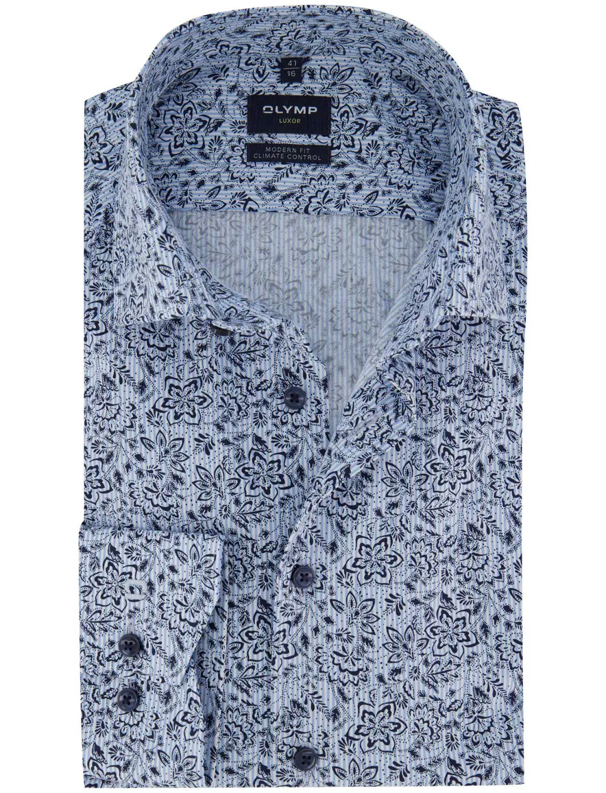 Olymp overhemd blauw modern fit geprint
