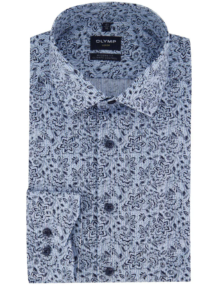 Olymp overhemd blauw modern fit geprint lange mouw