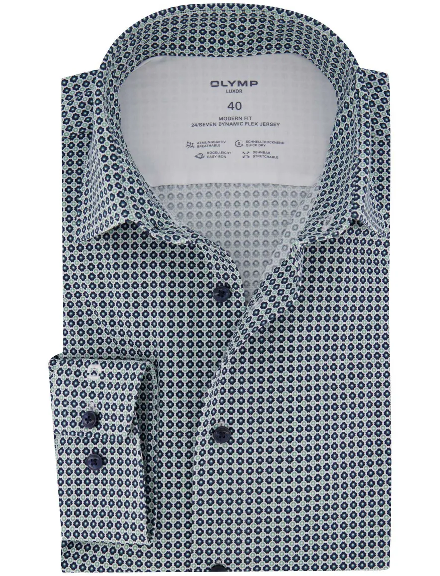 Olymp overhemd groen modern fit geprint semi-wide collar