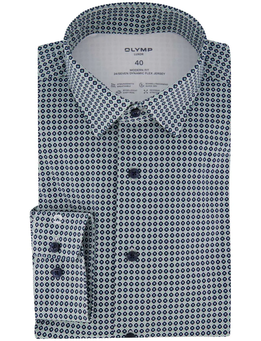 Olymp overhemd groen modern fit geprint semi-wide collar