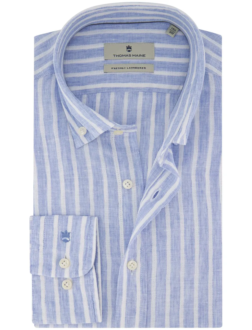 Thomas Maine overhemd linnen blauw gestreept
