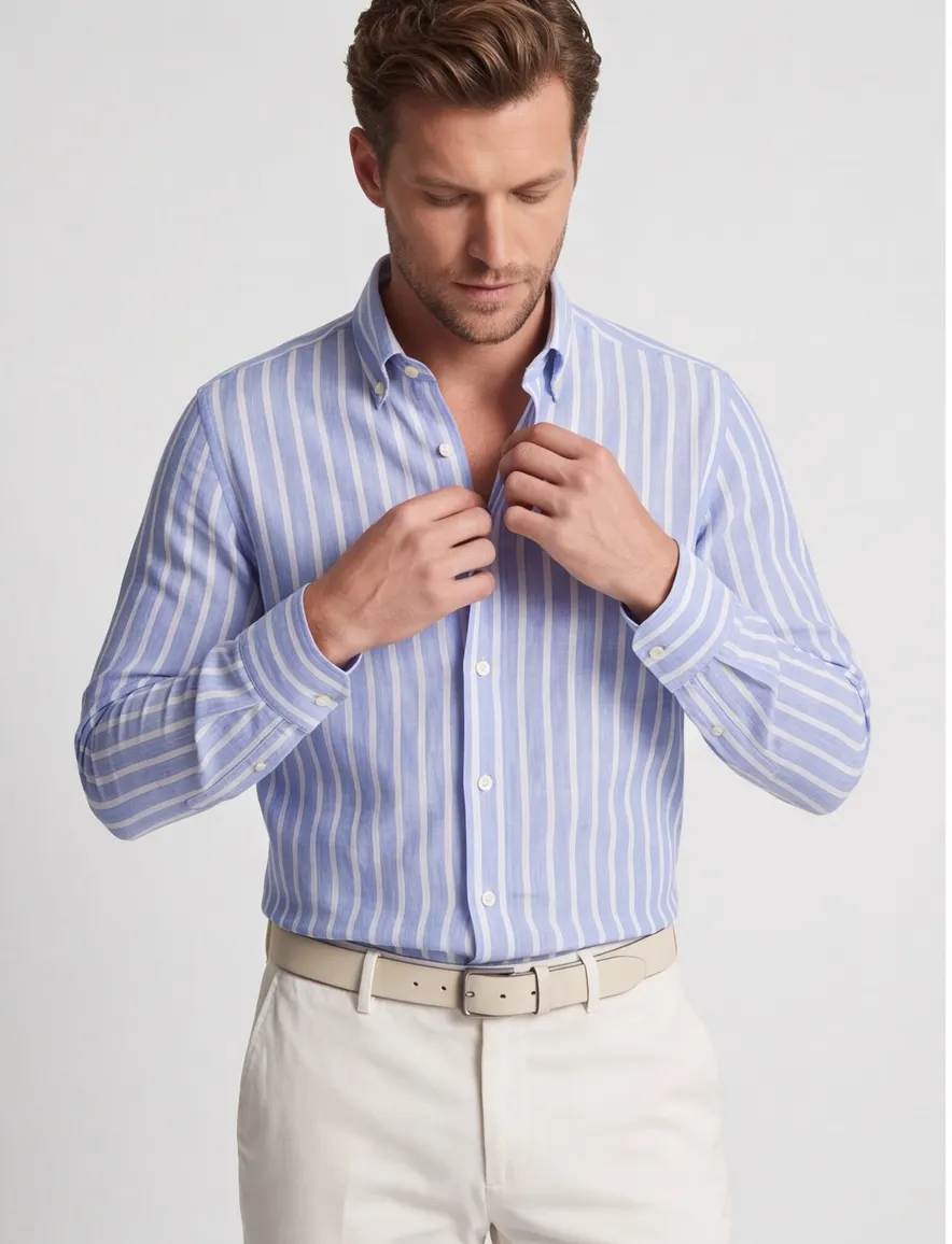 Thomas Maine overhemd linnen blauw gestreept