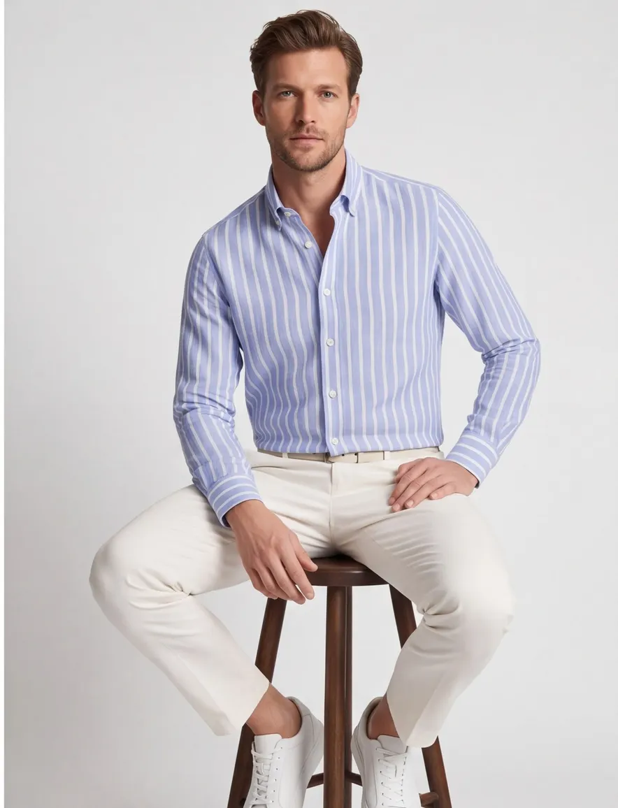 Thomas Maine overhemd linnen blauw gestreept