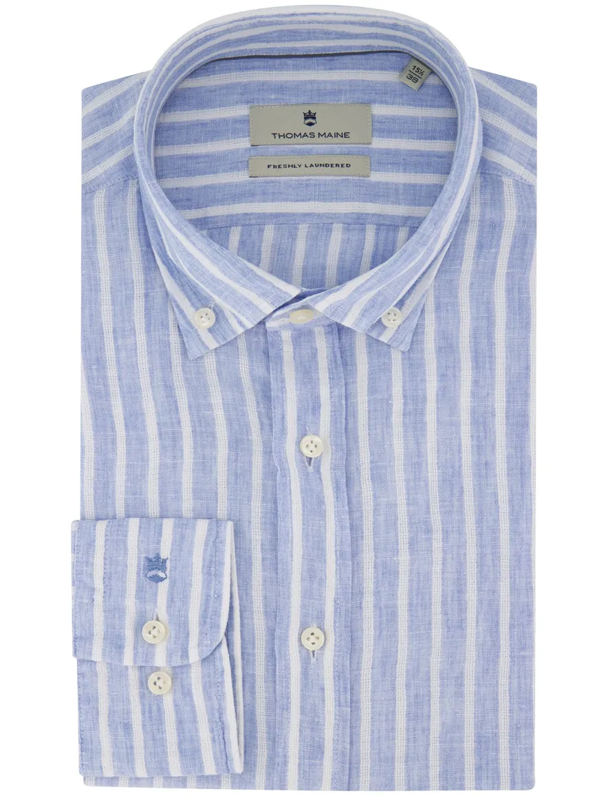 Thomas Maine overhemd linnen blauw gestreept