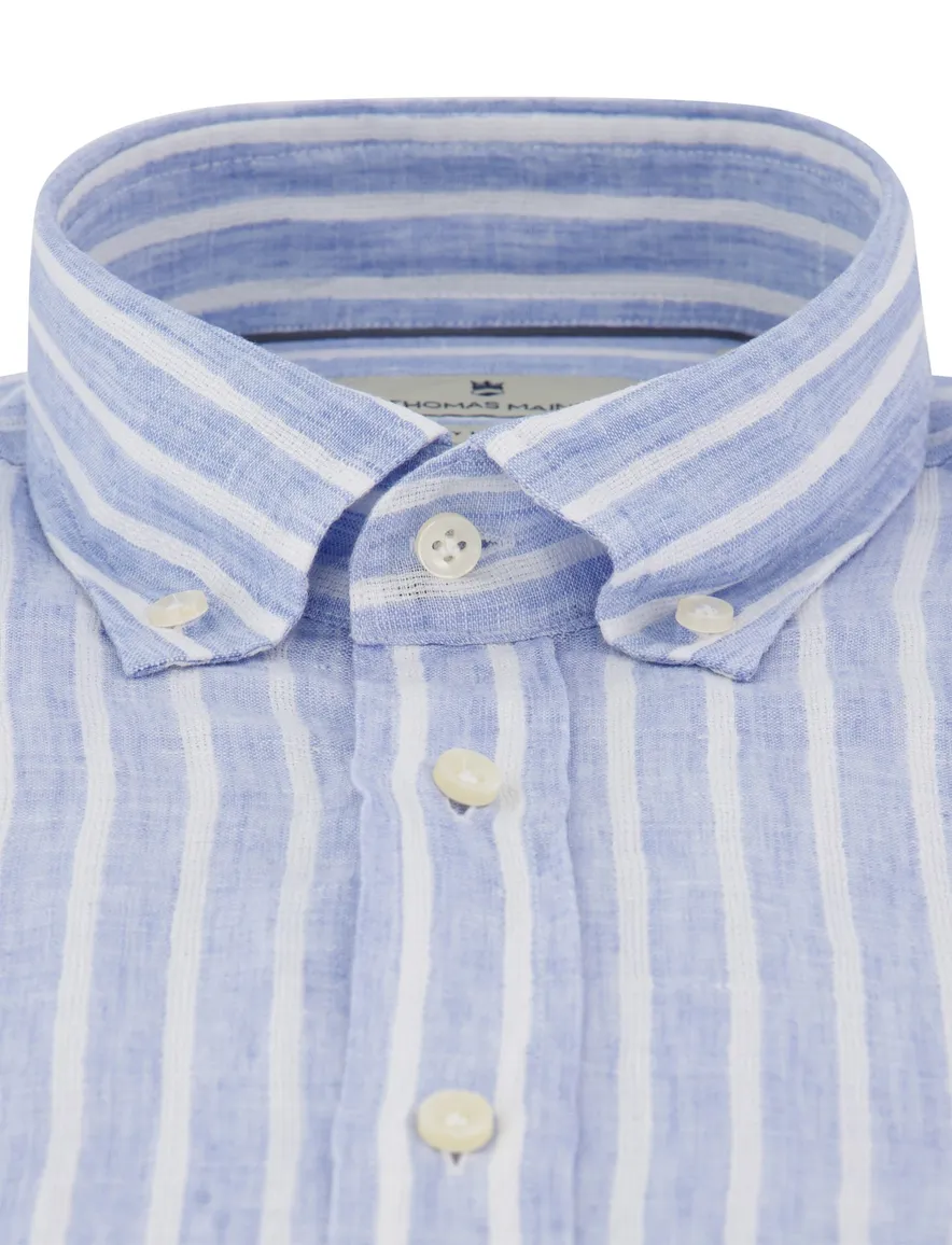Thomas Maine overhemd linnen blauw gestreept