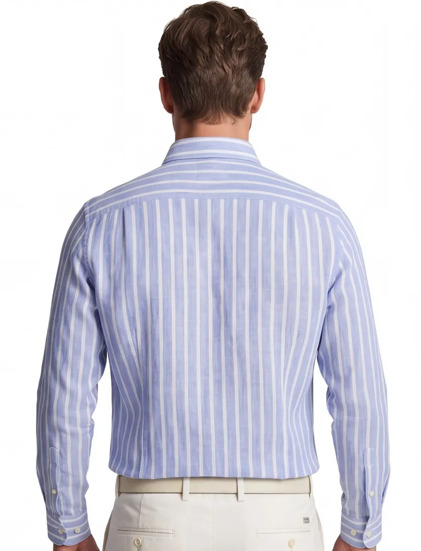 Thomas Maine overhemd linnen blauw gestreept