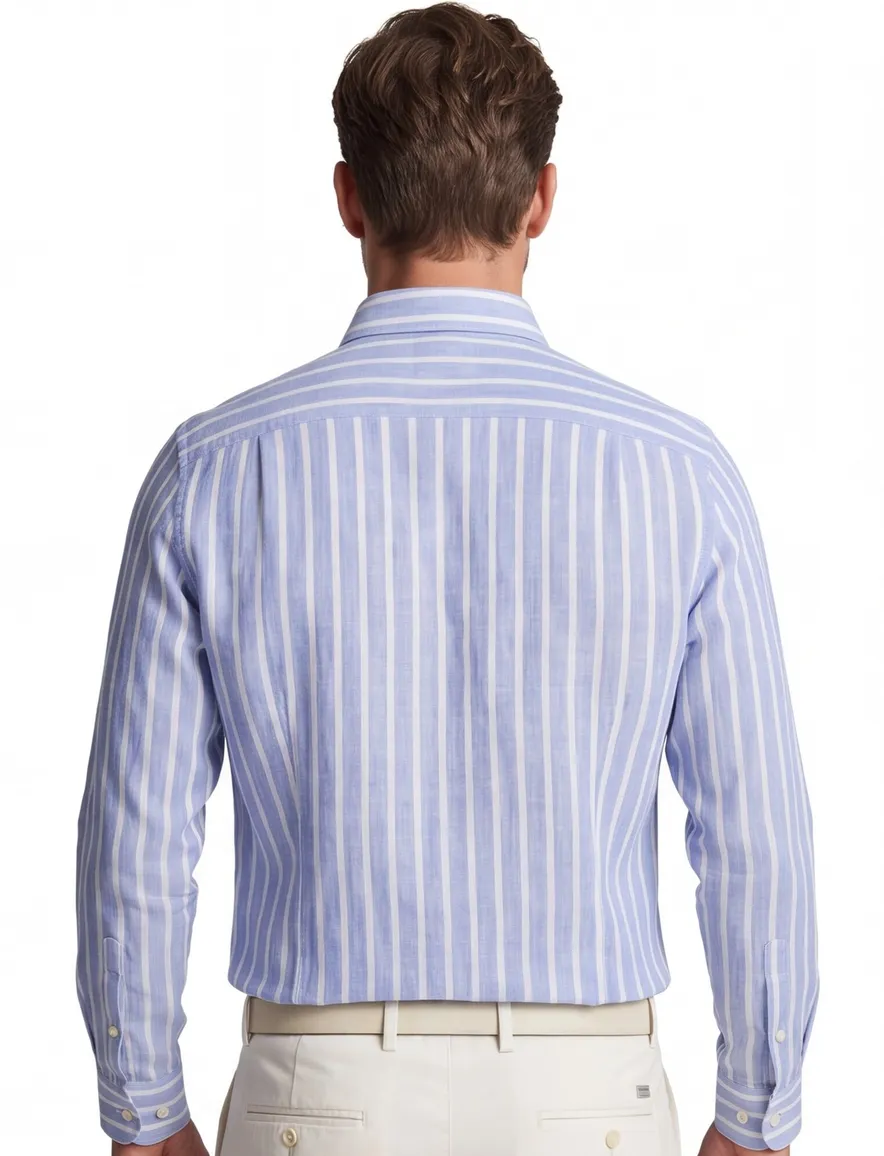 Thomas Maine overhemd linnen blauw gestreept