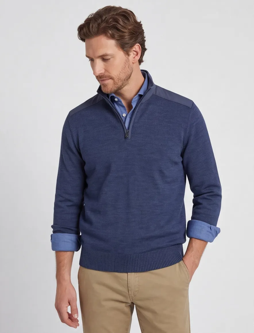 Paul & shark trui half zip gemeleerd effen blauw