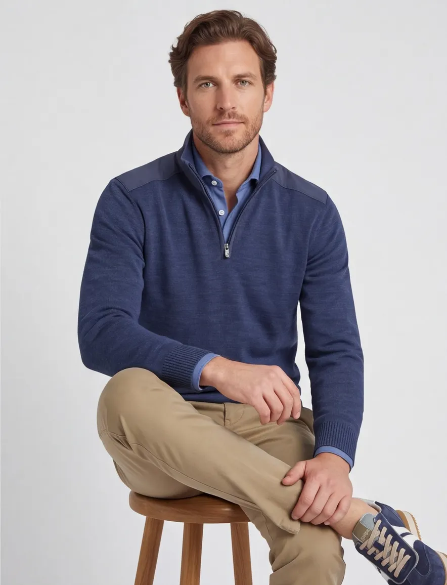 Paul & shark trui half zip gemeleerd effen blauw