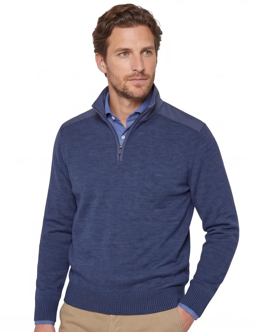 Paul & shark trui half zip gemeleerd effen blauw