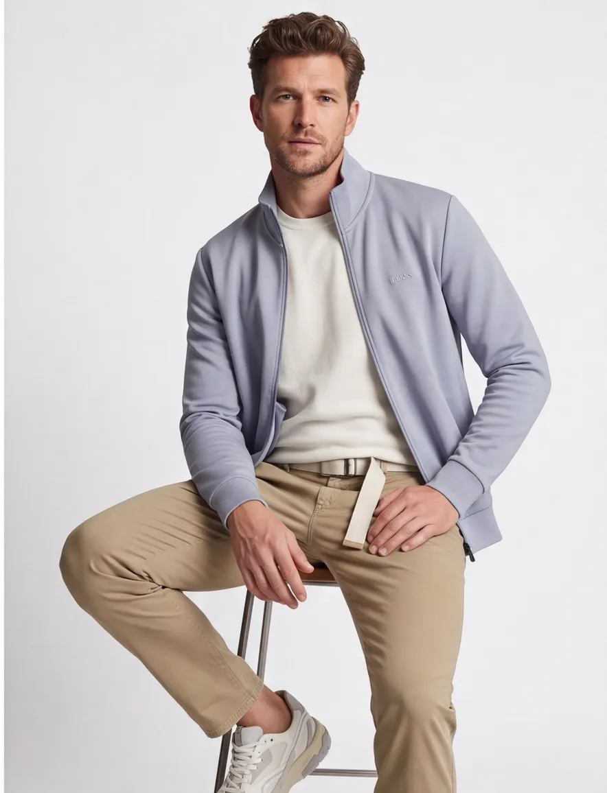 BOSS Green sweatvest Big & Tall Skaz lichtblauw katoen opstaande kraag