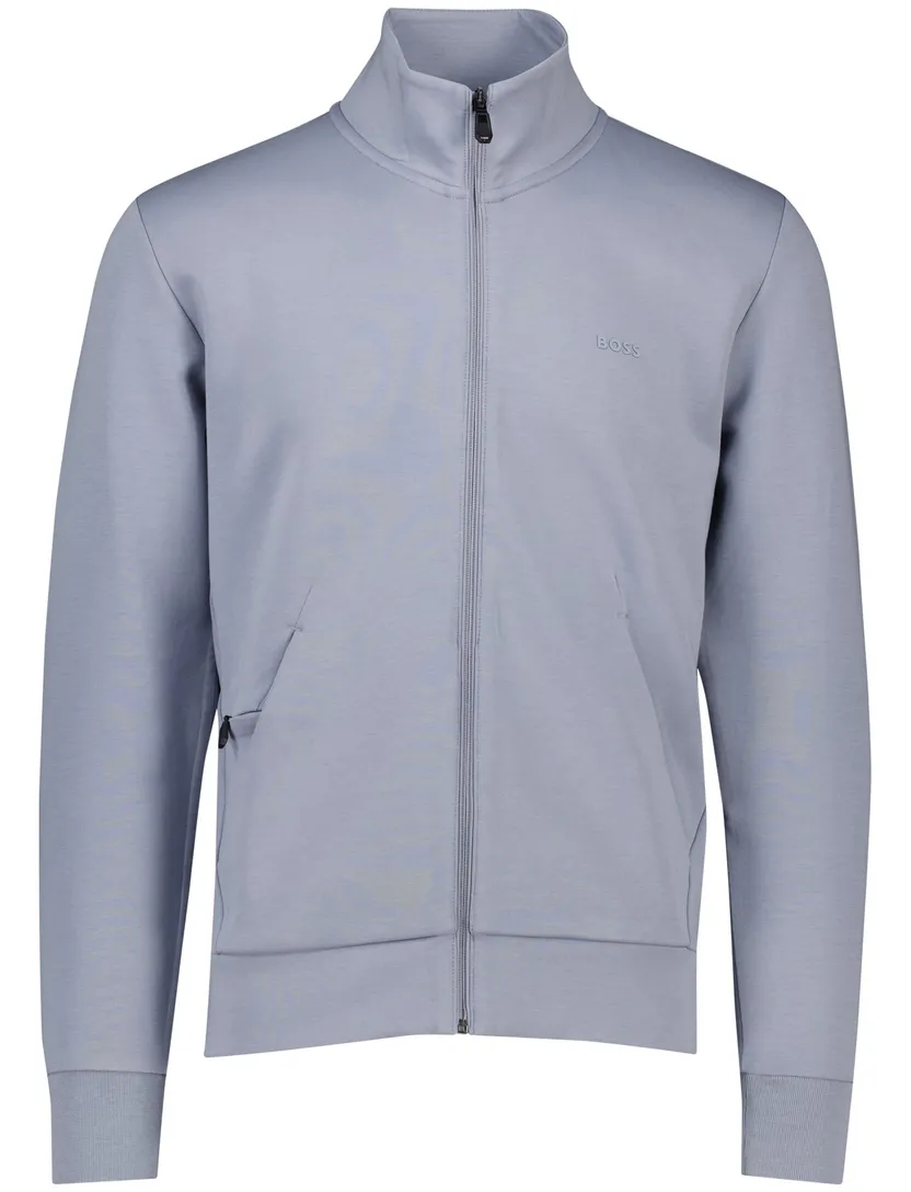 BOSS Green katoenen sweatvest Big & Tall Skaz lichtblauw opstaande kraag