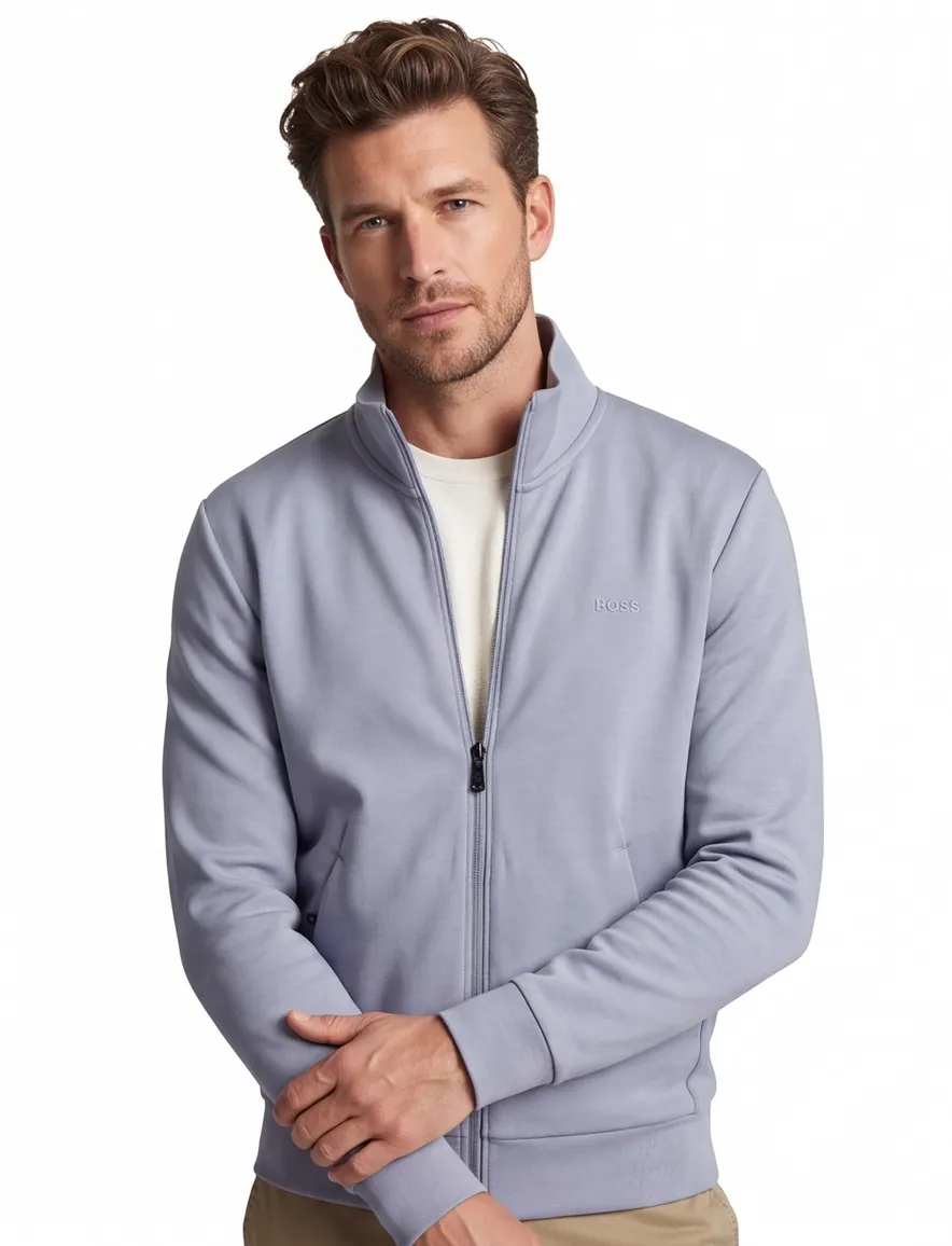 BOSS Green sweatvest Big & Tall Skaz lichtblauw katoen opstaande kraag
