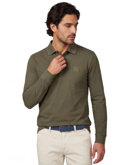 Hugo Boss BOSS Orange Passerby open lange mouw polo groen effen