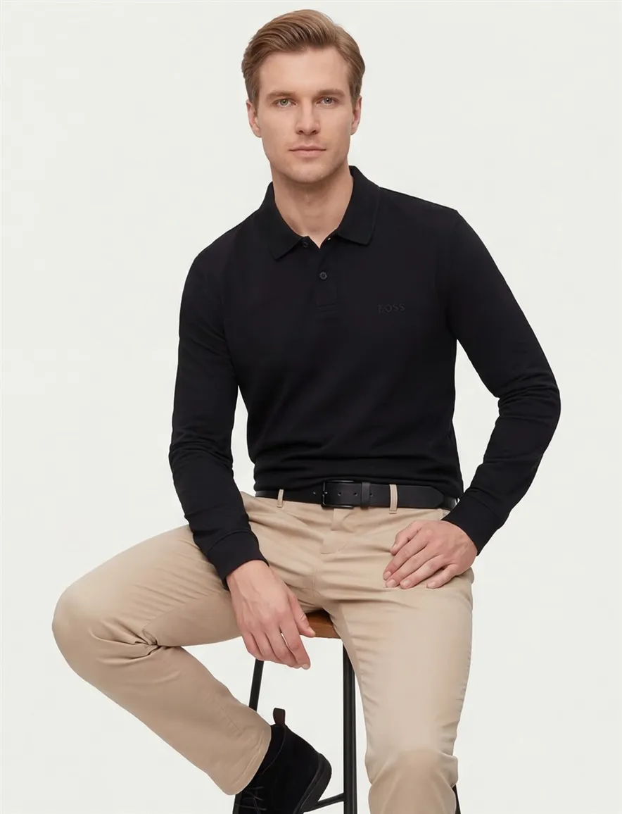Boss orange poloshirt lange mouw zwart katoen