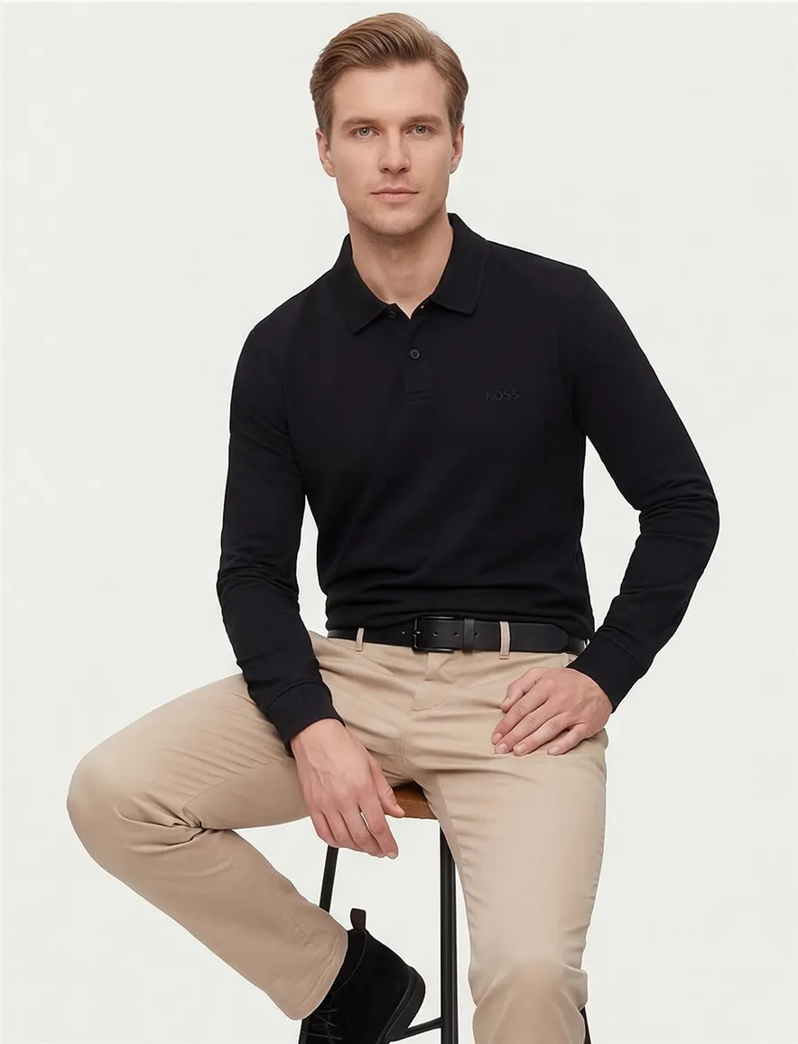 Boss orange poloshirt lange mouw zwart katoen