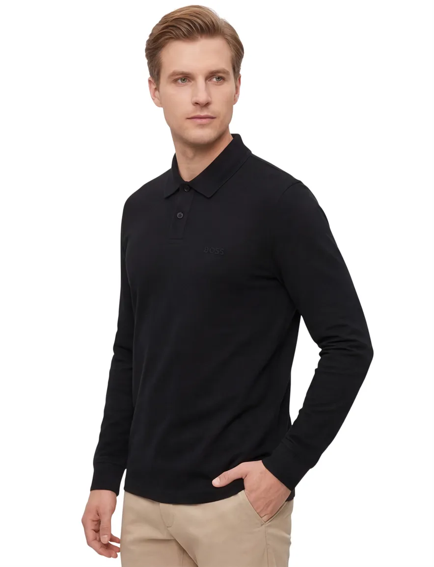 Boss orange poloshirt lange mouw zwart katoen