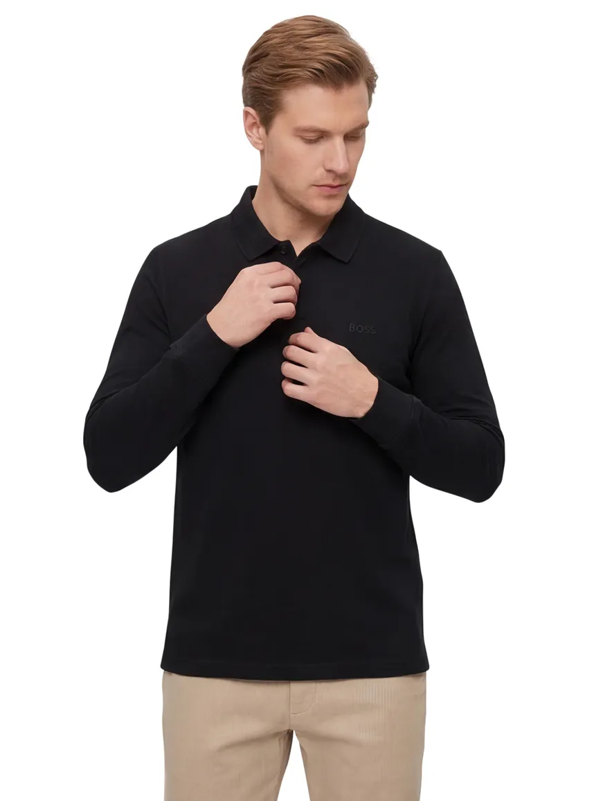 Boss orange poloshirt lange mouw zwart katoen