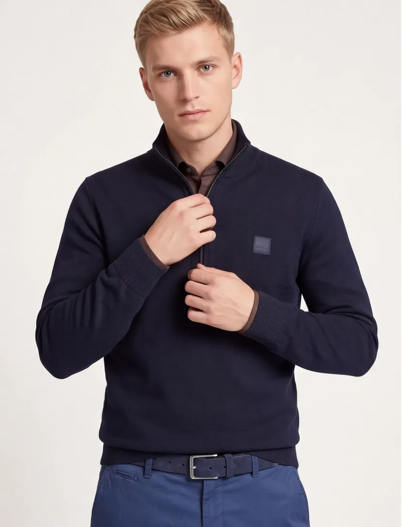 trui Boss halfzip donkerblauw katoen kasjmier