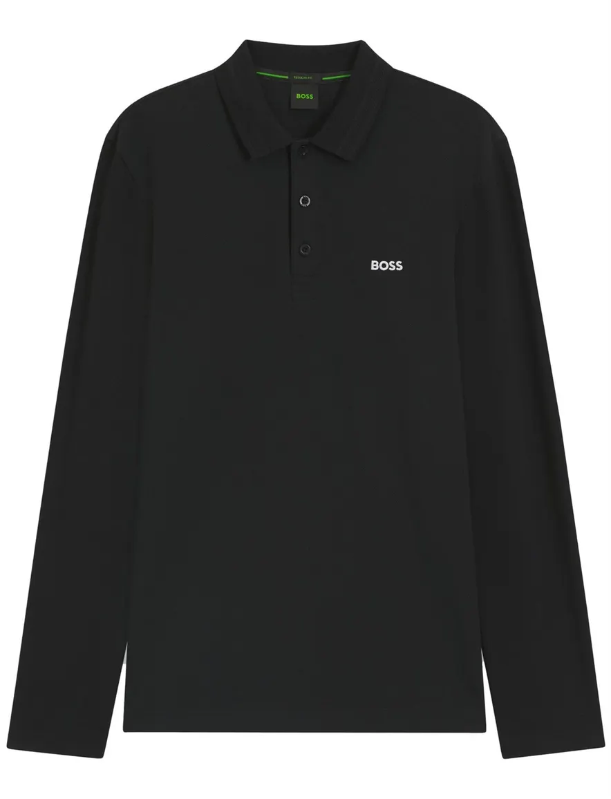 Boss Green poloshirt lange mouw zwart katoen