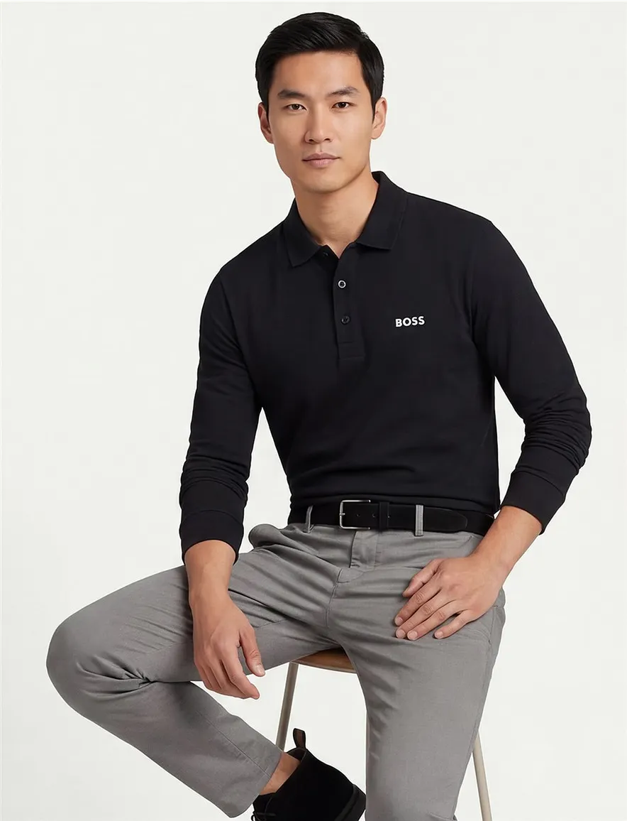 Boss Green poloshirt lange mouw zwart katoen
